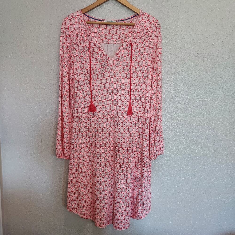 Boden Coral Geometric Print Long Sleeve Midi Length Jersey Dress Size 8
